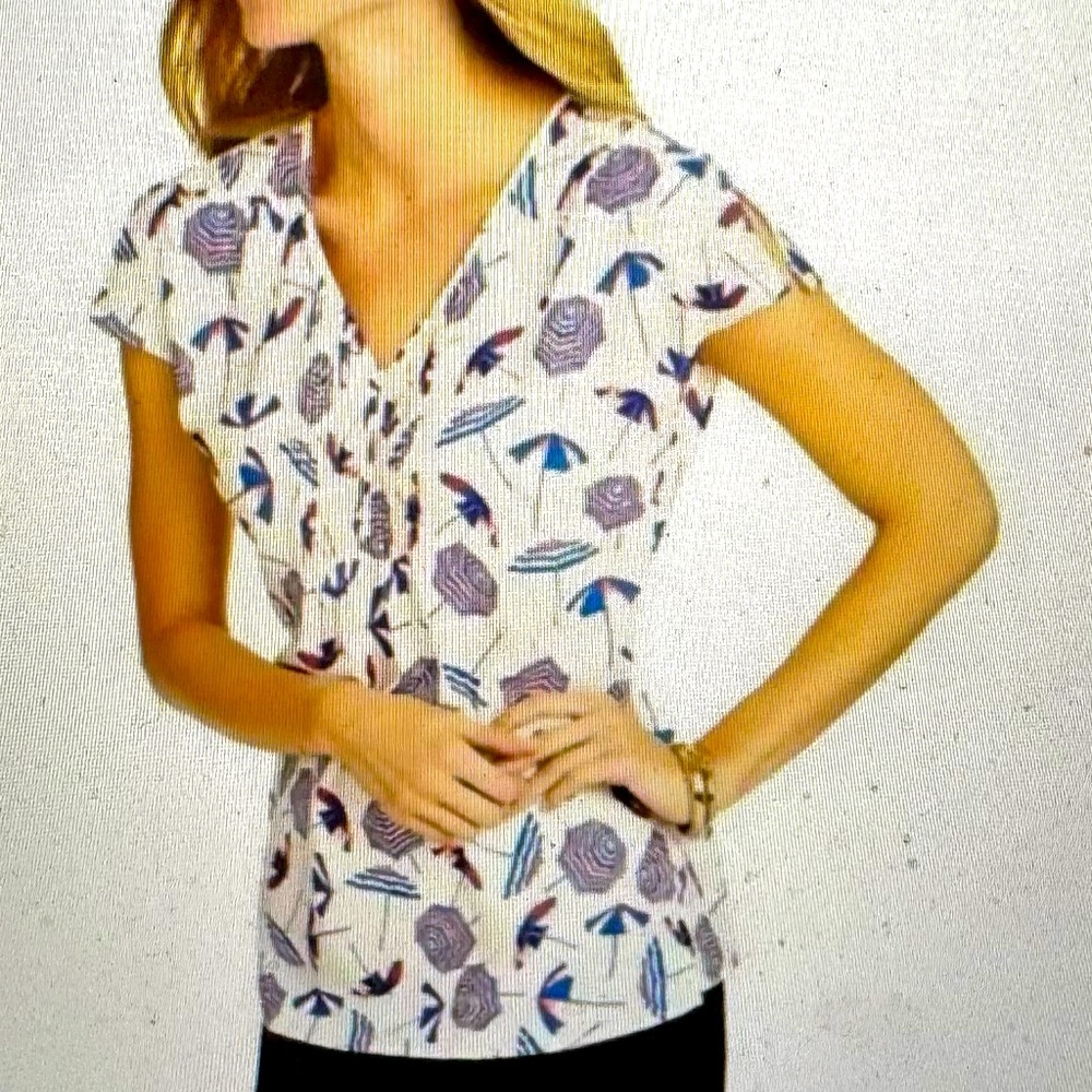 Talbots Beach Umbrellas Print Blouse Coastal Summer